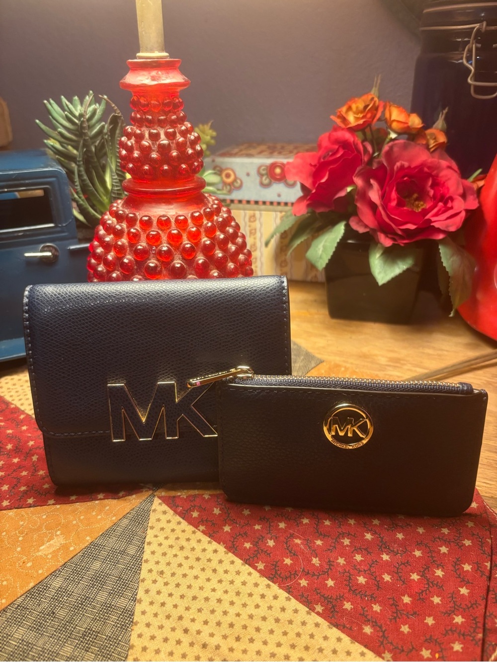 Michael Kors Navy Blue Leather Wallet and Key FOB / Card Case Set